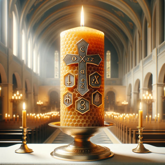 This scene highlights the sacredness of the Easter candle's symbols and the natural elegance of beeswax candles by BEE Zero Waste.