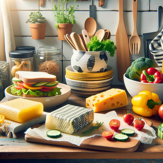 The eco-friendly charm and practicality of beeswax food wraps in a kitchen setting, perfectly aligned with BEE Zero Waste's vision for a plastic-free kitchen.