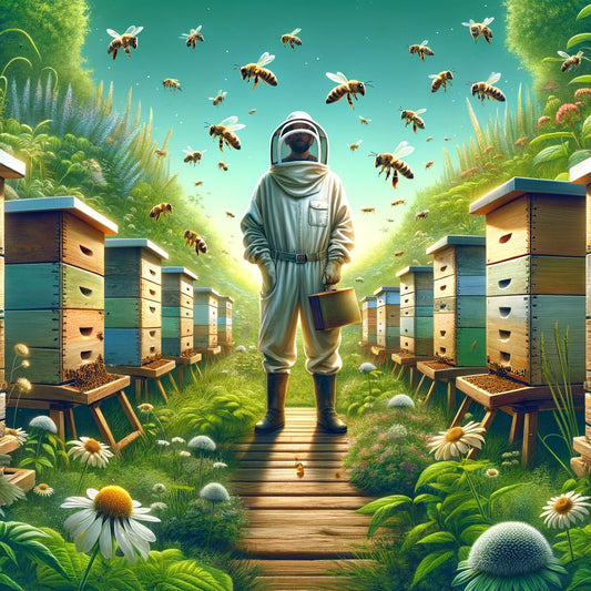 A beekeeper surrounded by bee hives in a lush environment, highlighting the symbiotic relationship between the beekeeper and the bees.