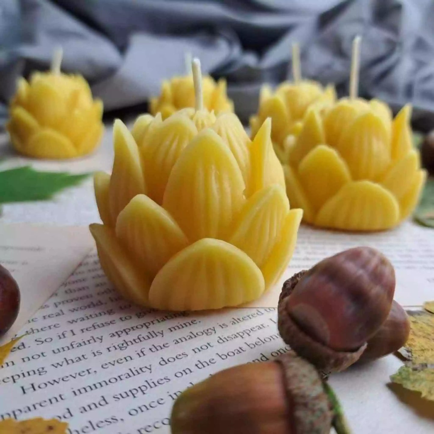 Pure beeswax decorative candle, shaped like a lotus, providing a toxin-free atmosphere and serene lighting.