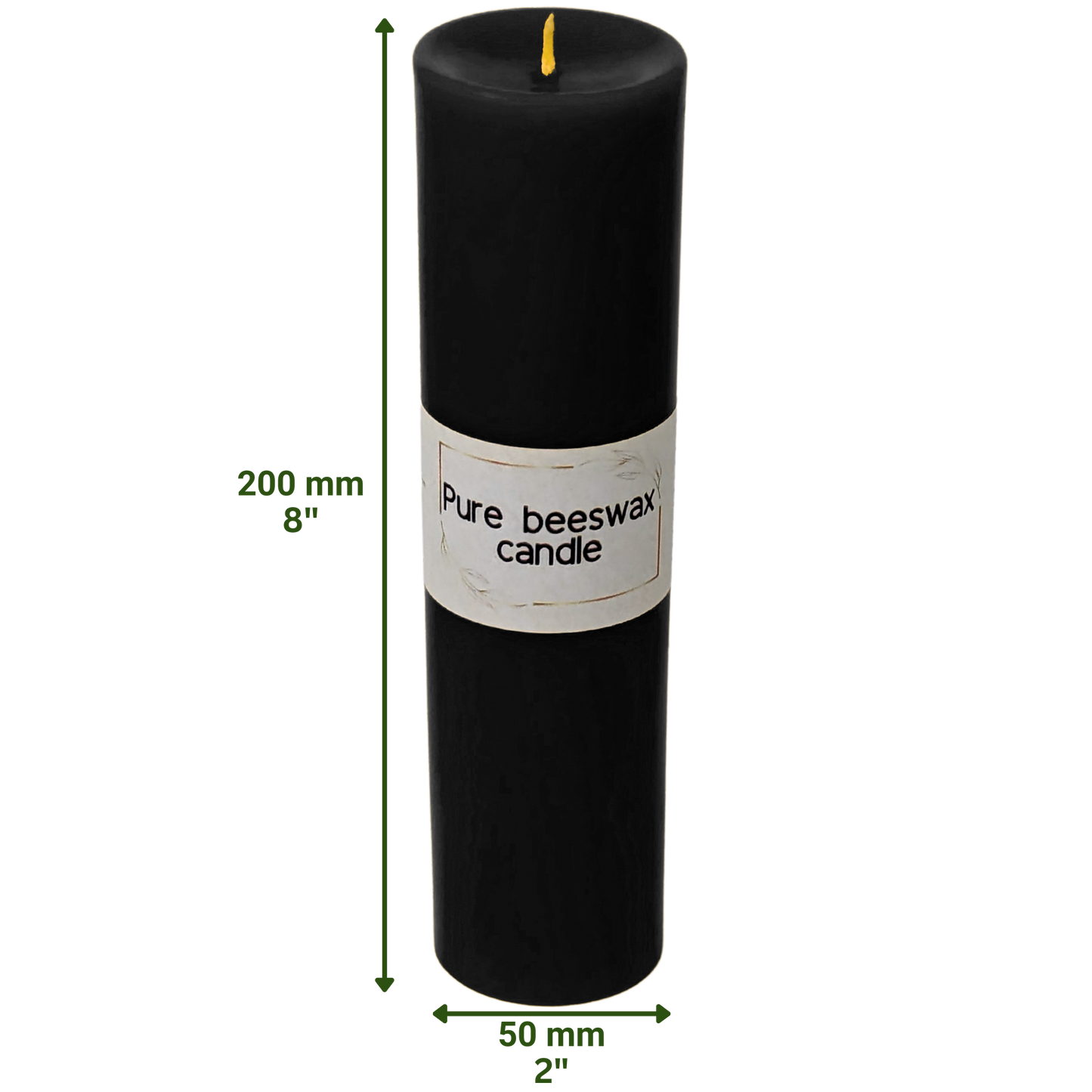 A trio of pure black beeswax pillar candles of varying heights, arranged artistically on a chic, modern mantelpiece.