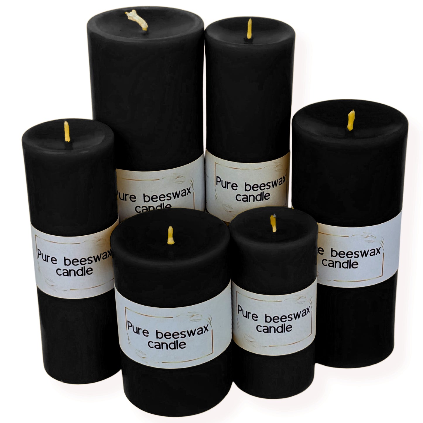 A sleek, pure black beeswax pillar candle standing elegantly on a rustic wooden surface, emitting a soft, natural glow.