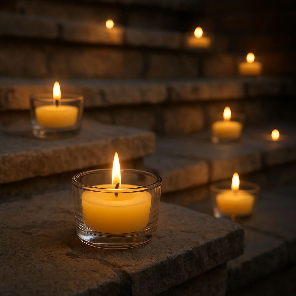 Candles in glass holders on stone steps with a warm glow against a dark background