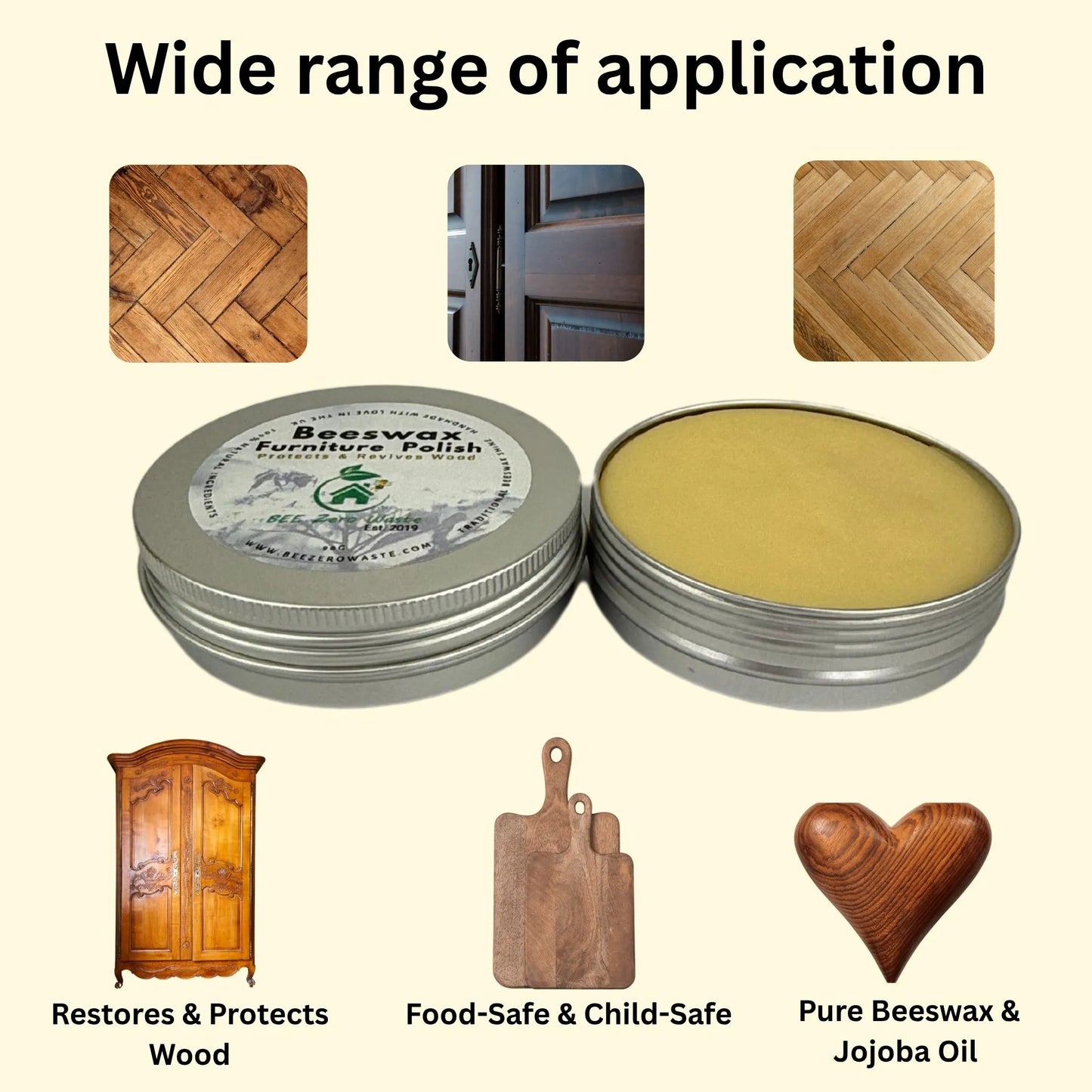 Natural wood polish made with pure beeswax and jojoba oil for nourishing and protecting wood surfaces