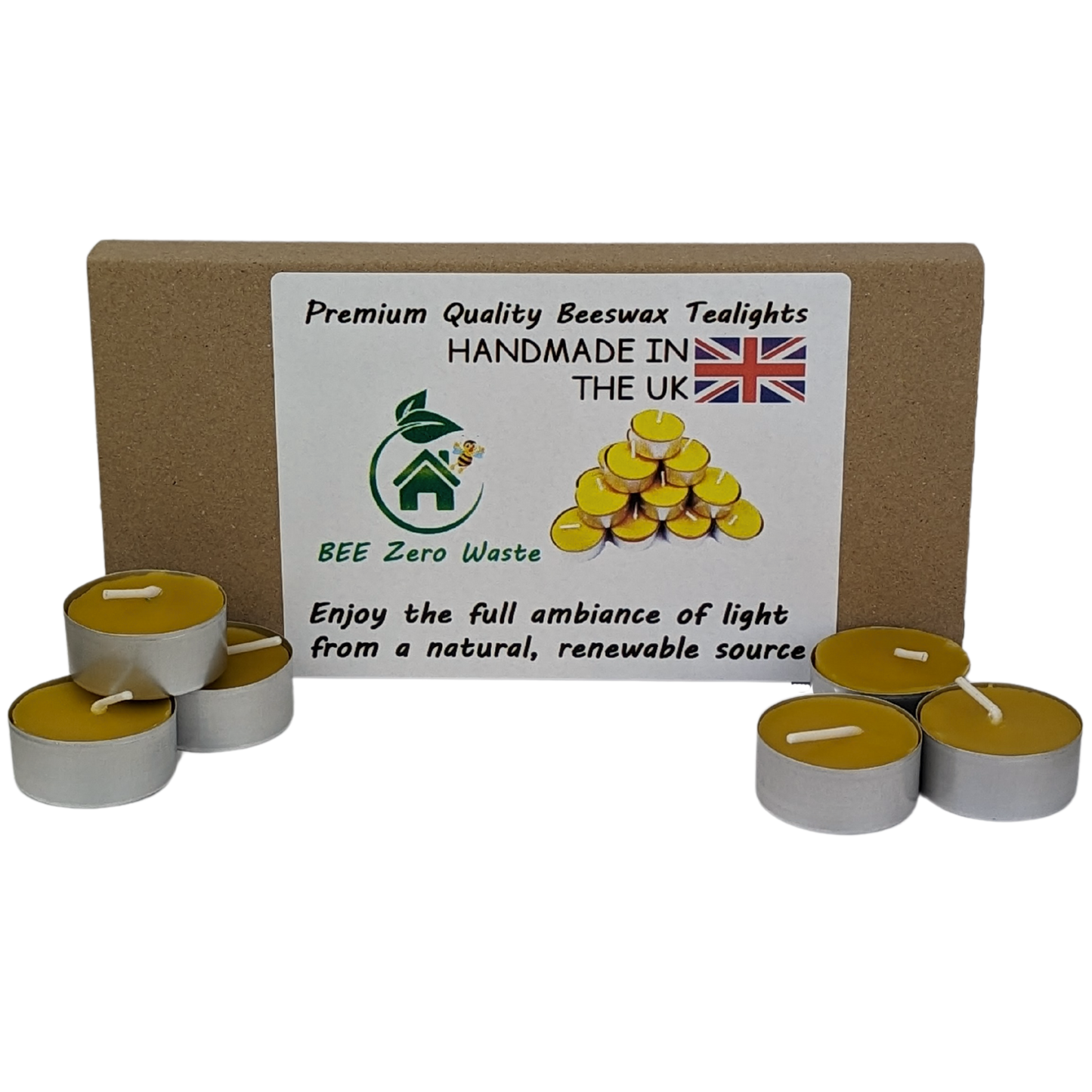 Organic beeswax tealight candles arranged neatly, emitting a soft, natural light and a gentle honey scent, ideal for eco-friendly lighting