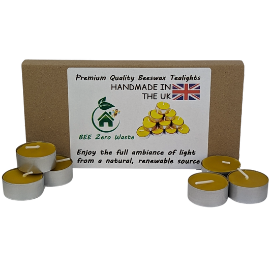 Organic beeswax tealight candles arranged neatly, emitting a soft, natural light and a gentle honey scent, ideal for eco-friendly lighting