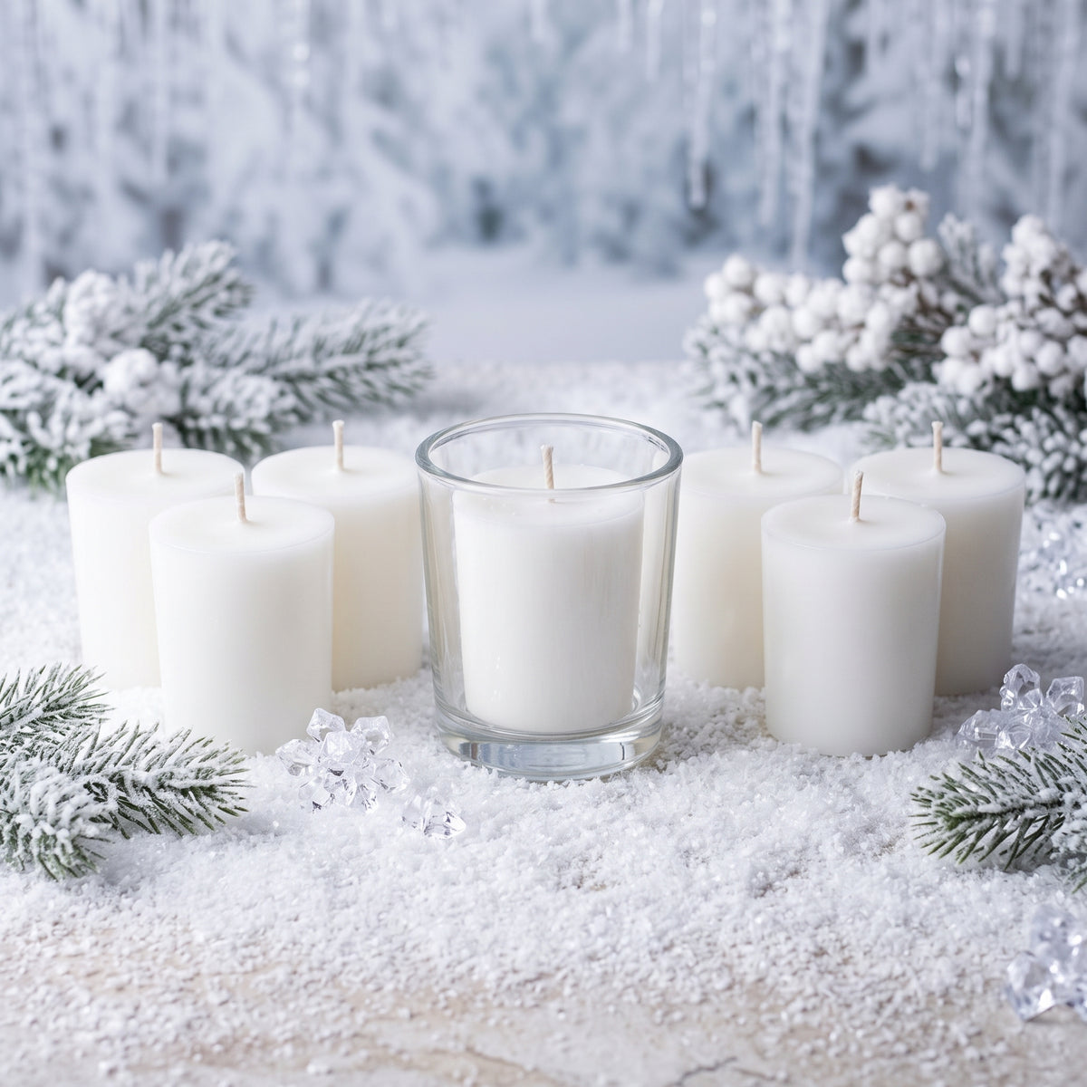 Seven White Winter scented natural soy votive candles and a clear glass holder placed on a snowy surface, decorated with frosted pine branches, white winter berries, and clear ice crystals