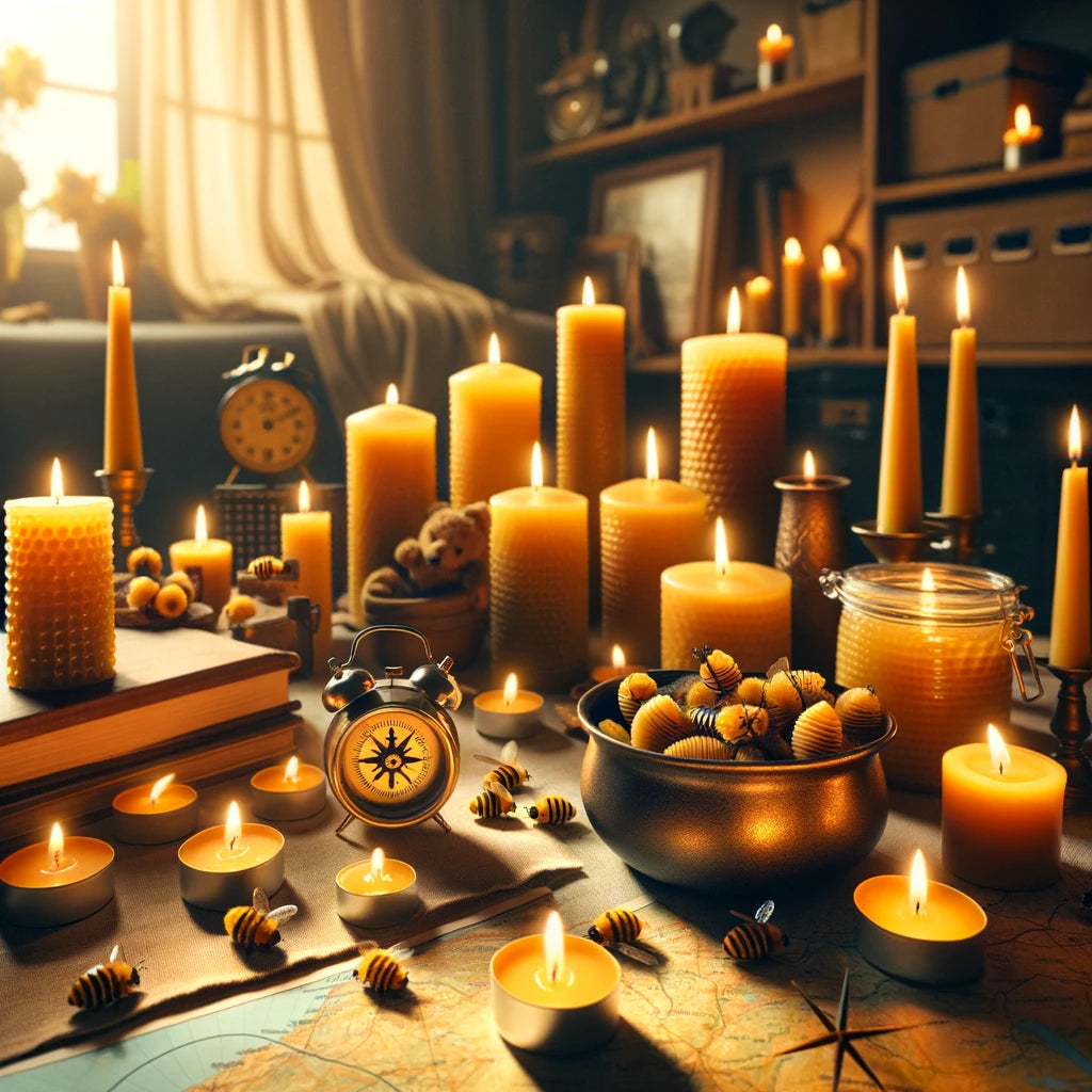 The essence of self-sufficiency and calm preparedness during a power outage, illuminated by the warm glow of beeswax candles.