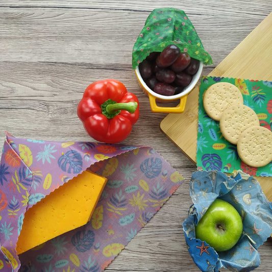 Colorful and Eco-friendly Food Wraps with Fresh Produce and Snacks