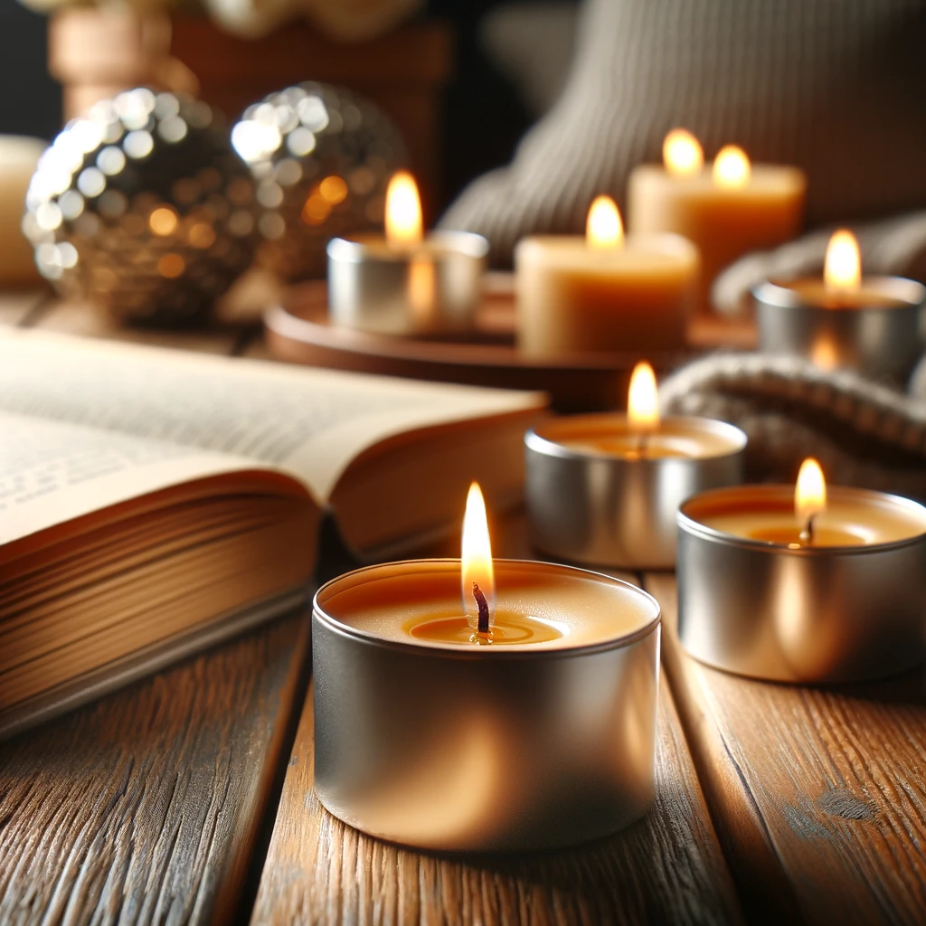 Assortment of unlit beeswax tealight candles with one candle lit in the foreground, casting a warm, inviting glow