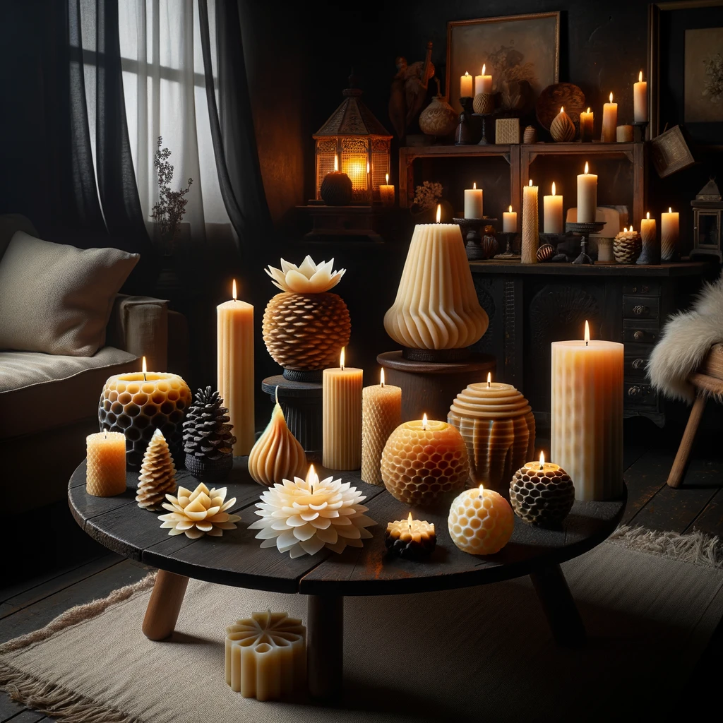 Assorted beeswax candles in unique shapes—veiled lady, lotus, pinecone, hexagonal pillar, and beehive—light up a dark, cozy room, creating a tranquil ambiance.