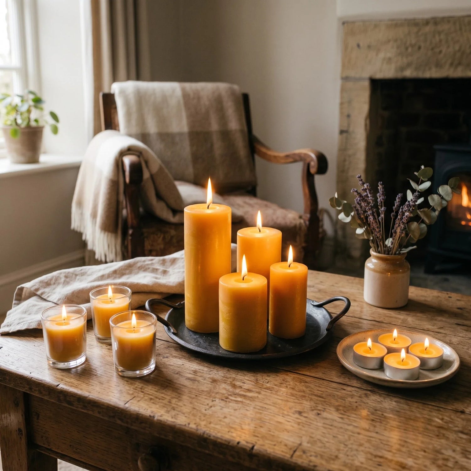 beeswax candlesm tapers votives tealights in a cosy setup