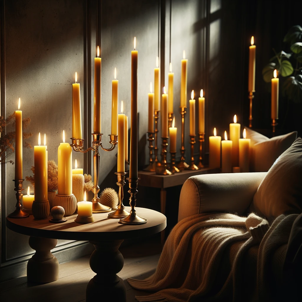 Cozy room illuminated by soft glow of yellow beeswax taper candles on table, enhancing a serene and intimate atmosphere