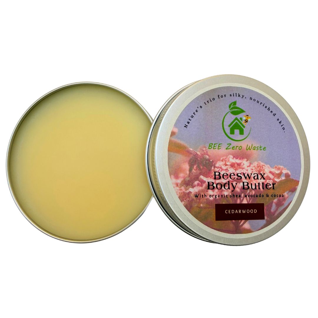 Handmade Cedarwood Beeswax Body Butter in a plastic-free tin, zero waste skincare made in UK.