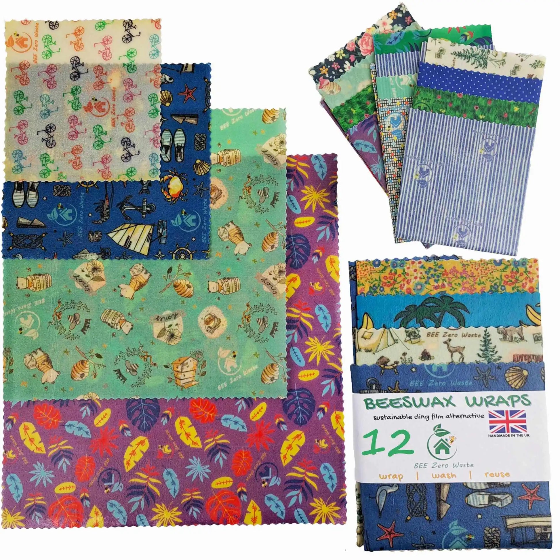 Assorted sustainable beeswax wraps, perfect for an eco-conscious kitchen, with various natural patterns