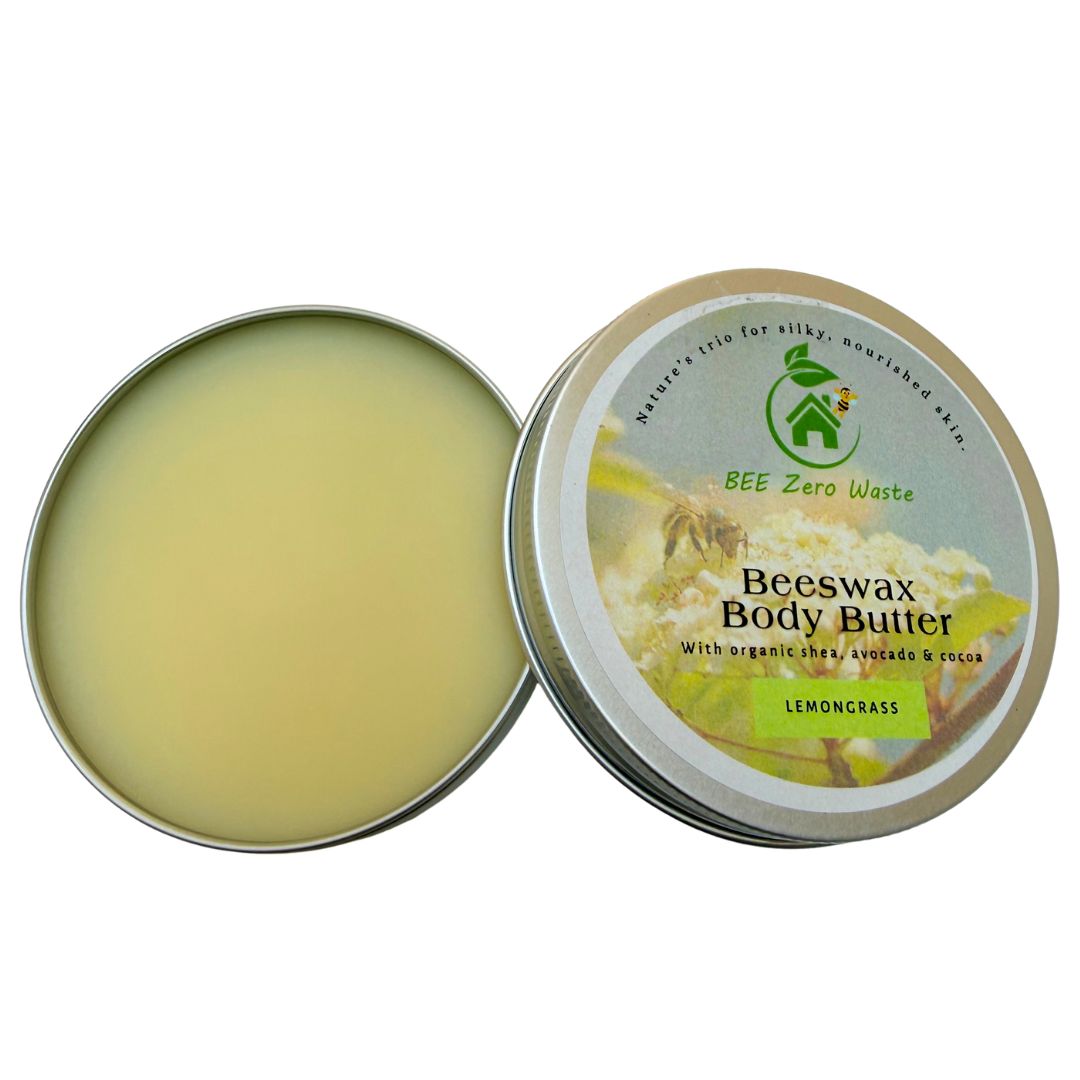 Lifestyle product photography of natural body butter on a wooden vanity with botanical ingredients.