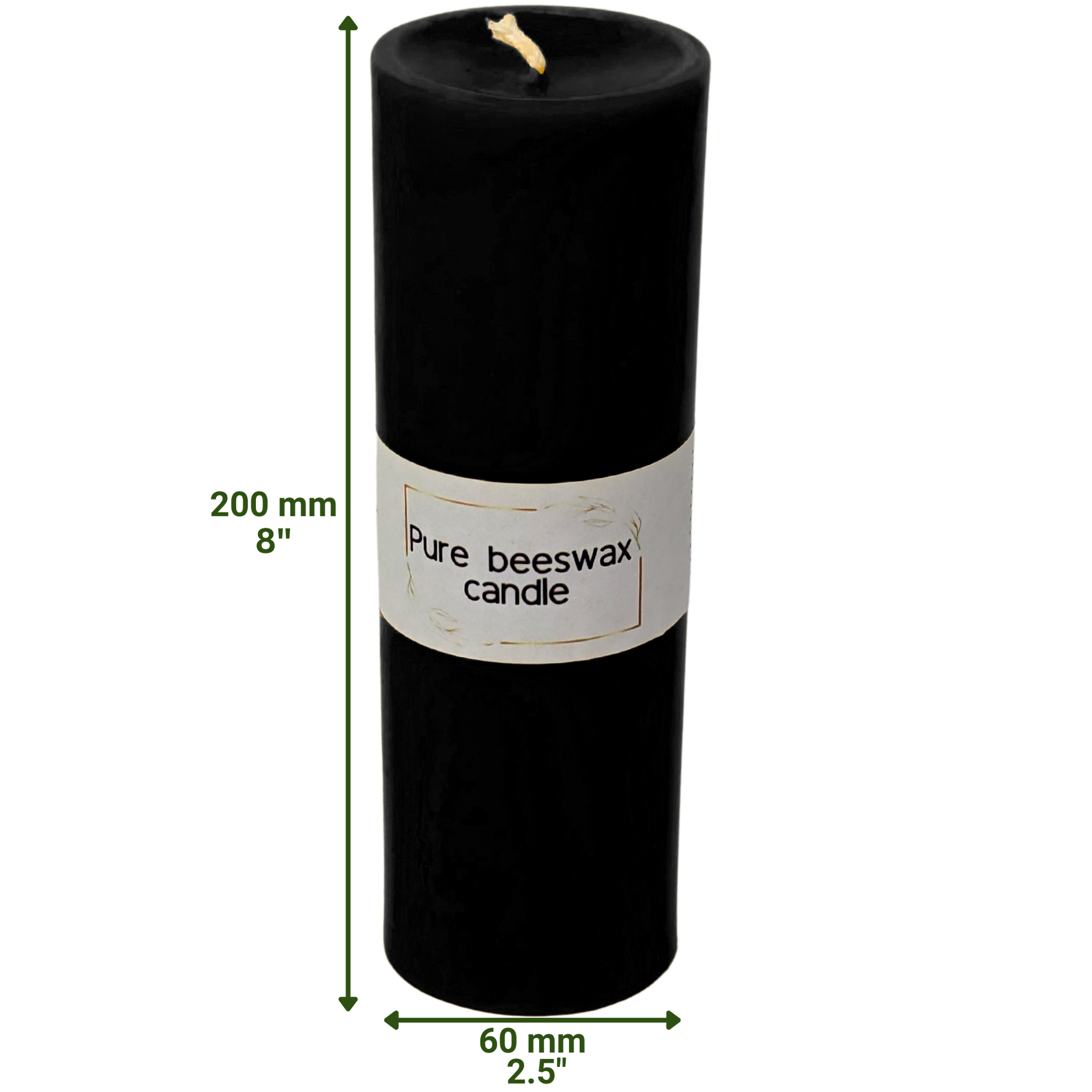 A single, pure black beeswax pillar candle lit in a dim room, casting warm, inviting shadows and creating a peaceful, tranquil ambiance.