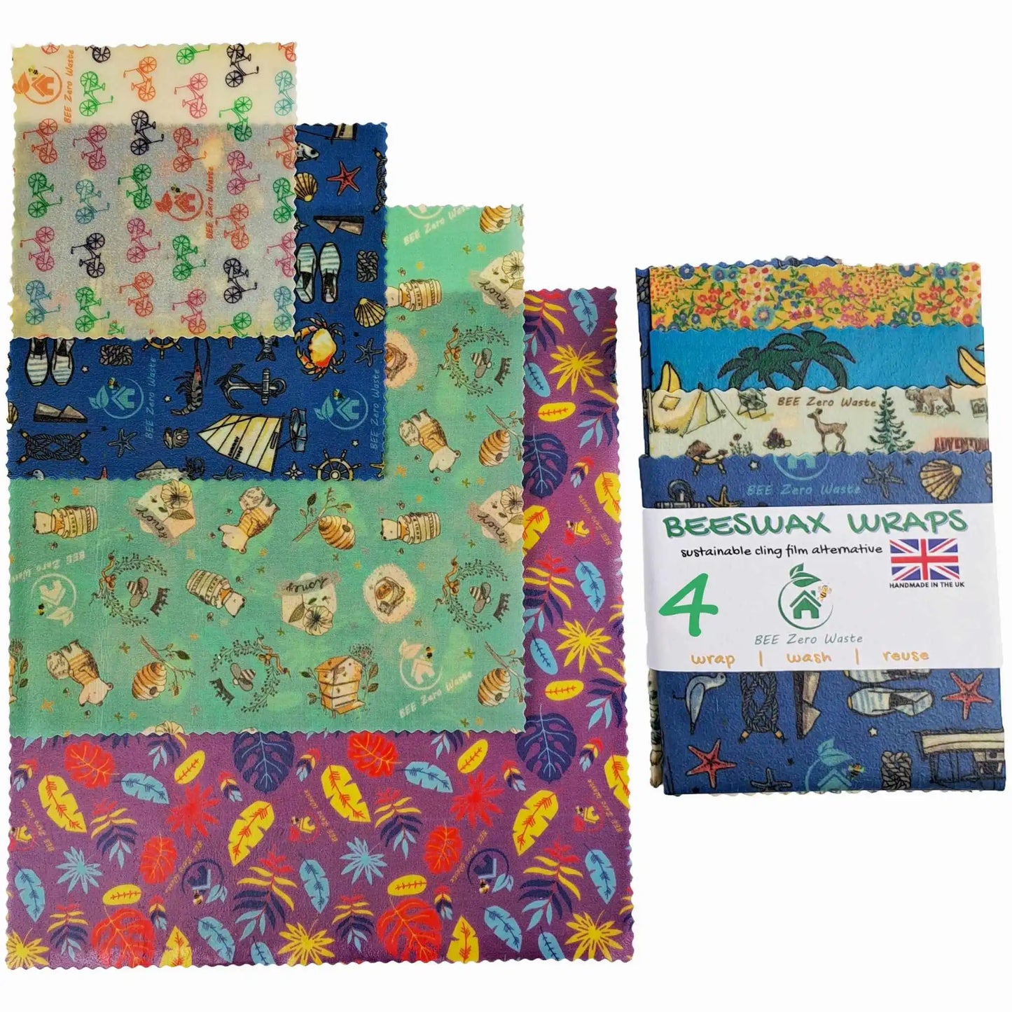 Colorful set of natural beeswax wraps used for keeping food fresh and reducing household waste.