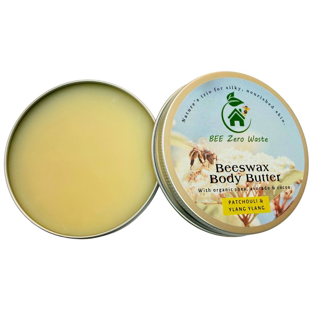 Close-up of creamy natural body butter texture, concentrated water-free formula for dry skin relief.