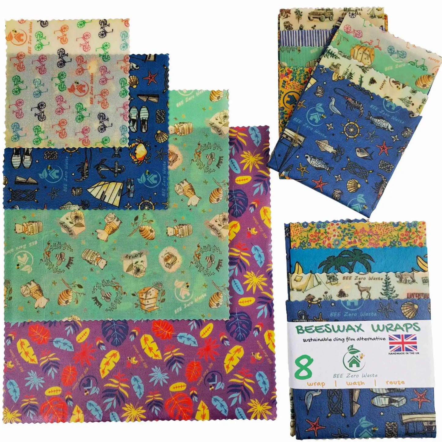 A variety pack of plastic-free beeswax wraps, ideal for zero waste home food preservation.