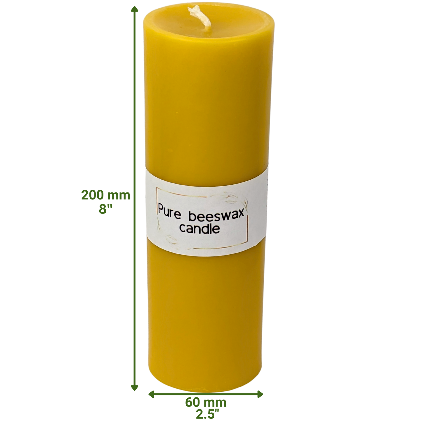 Pure beeswax pillar candle, hypoallergenic with a clean burn, placed beside lavender.