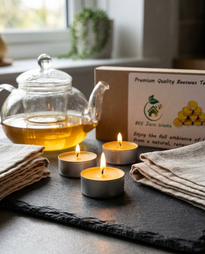 Hand-poured natural golden beeswax tealights crafted in Leicestershire with a subtle, sweet honey aroma.