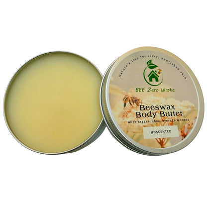 Professional product shot of Bee Zero Waste tin and lid, highlighting the "Nature's Trio" formula.
