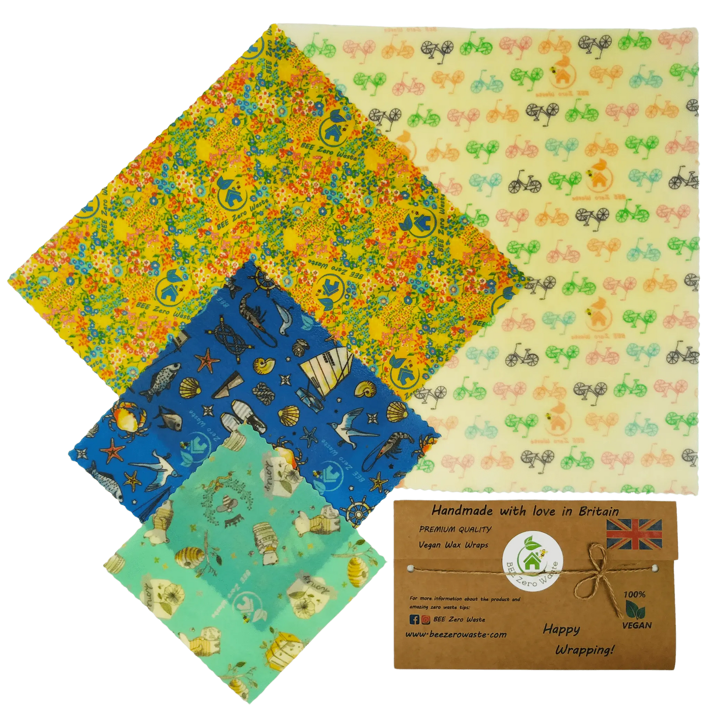 A variety of vegan wax food wrap sets laid out, featuring colorful and sustainable designs for environmentally conscious food storage