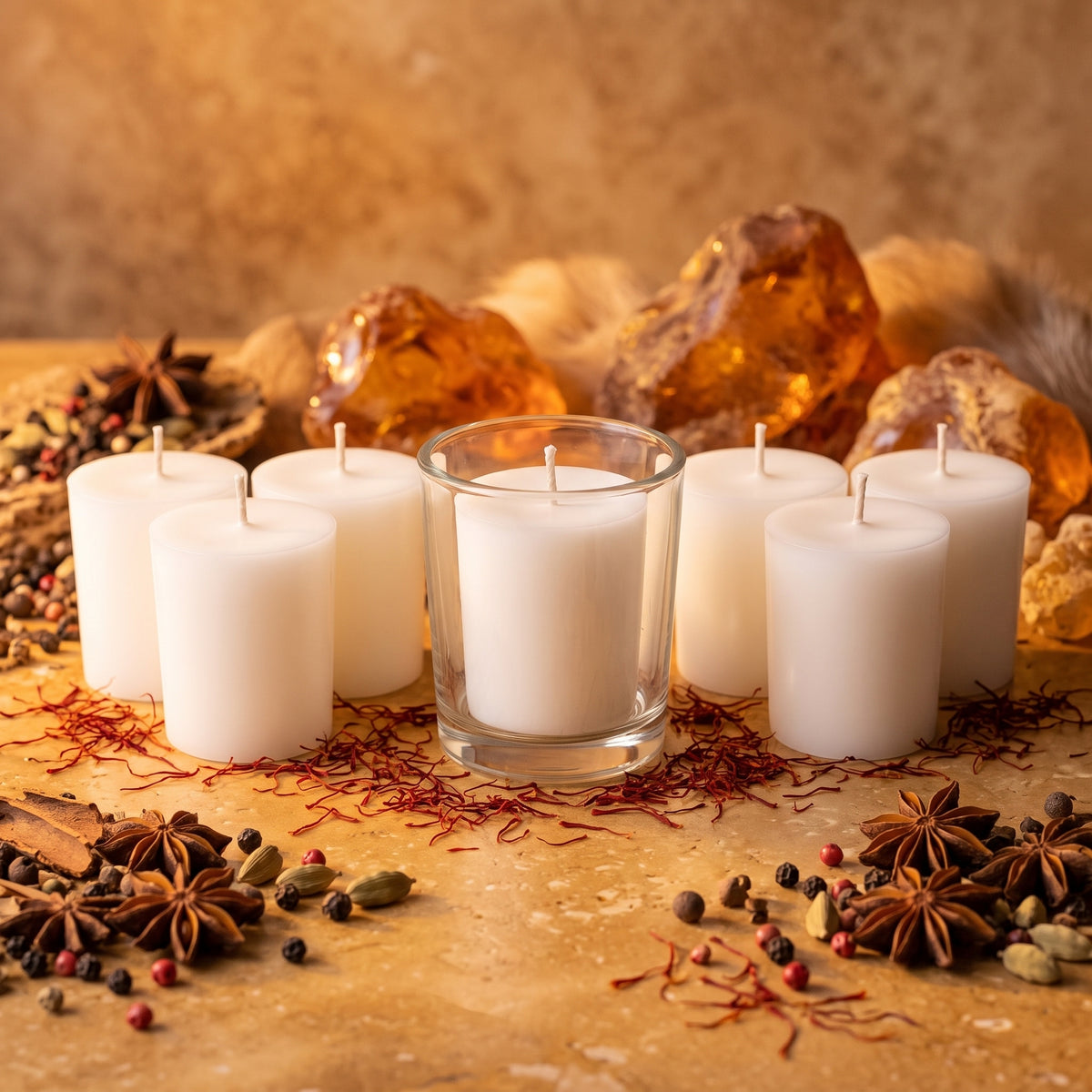 A set of 7 Asian Amber white soy votive candles with a clear glass holder, displayed on a warm wooden surface surrounded by glowing golden amber resin, star anise, and red saffron threads.