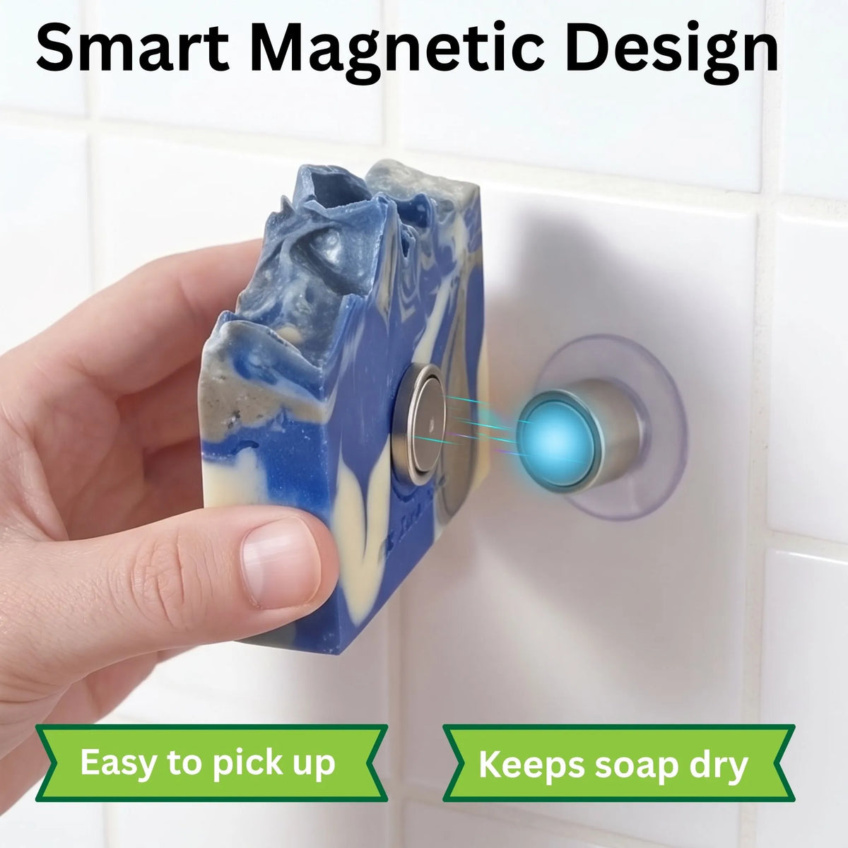 A close-up side profile of an artisan soap bar floating seamlessly against a shower wall via a magnetic mount, keeping the bar completely dry and away from countertop puddles.