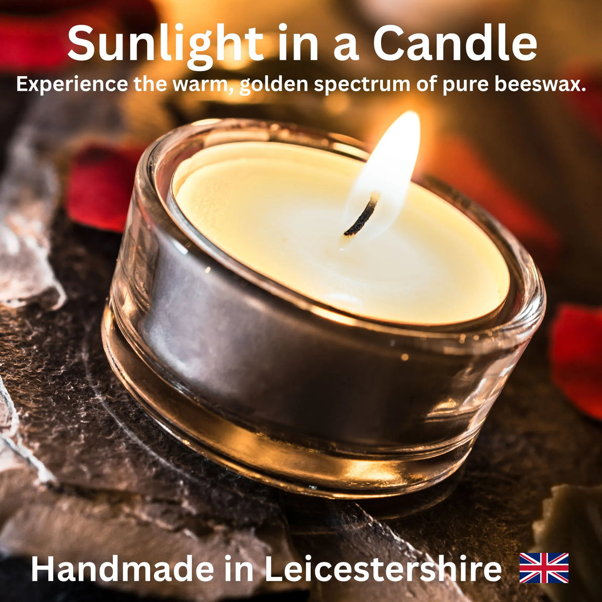 Close-up of zero waste pure beeswax tea light candles featuring natural cotton wicks and a smooth finish.