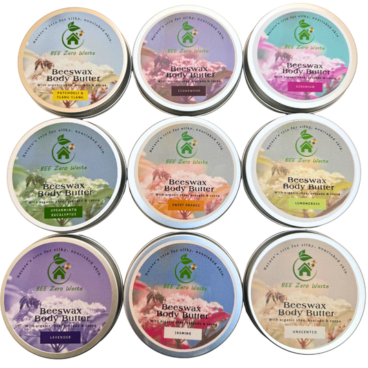 Handmade beeswax body butter in a plastic-free aluminum tin, zero waste skincare made in the UK.