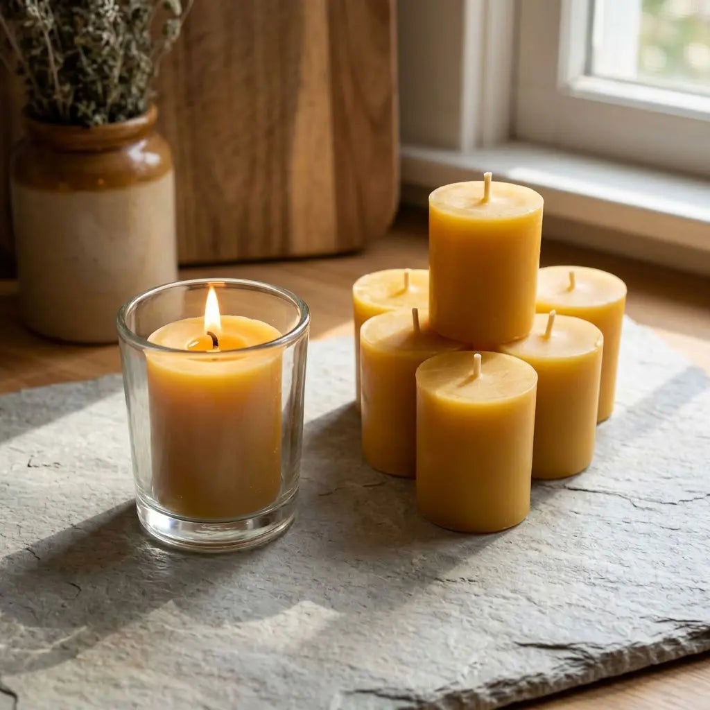 Eco-friendly packaged natural beeswax candles handcrafted in the UK for sustainable, zero waste gifting.