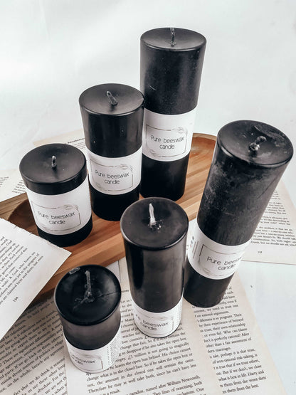 beezerowaste, black pillar, black candle, rituals candle, black design, black luxury home, home decour, pure beeswax candles, black magic, long time burning candles, dripless candles, handmade, home inspo