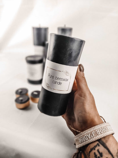 bee zero waste , black pillar, black candle, rituals candle, black design, black luxury home, home decour, pure beeswax candles, black magic, long time burning candles, dripless candles, handmade, home inspo, product photography