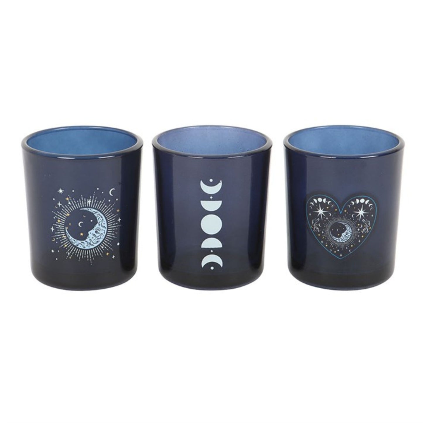 Close-up of three blue glass votive holders featuring white decals of a star-filled heart, a column of moon phases, and a moon-sun combination.