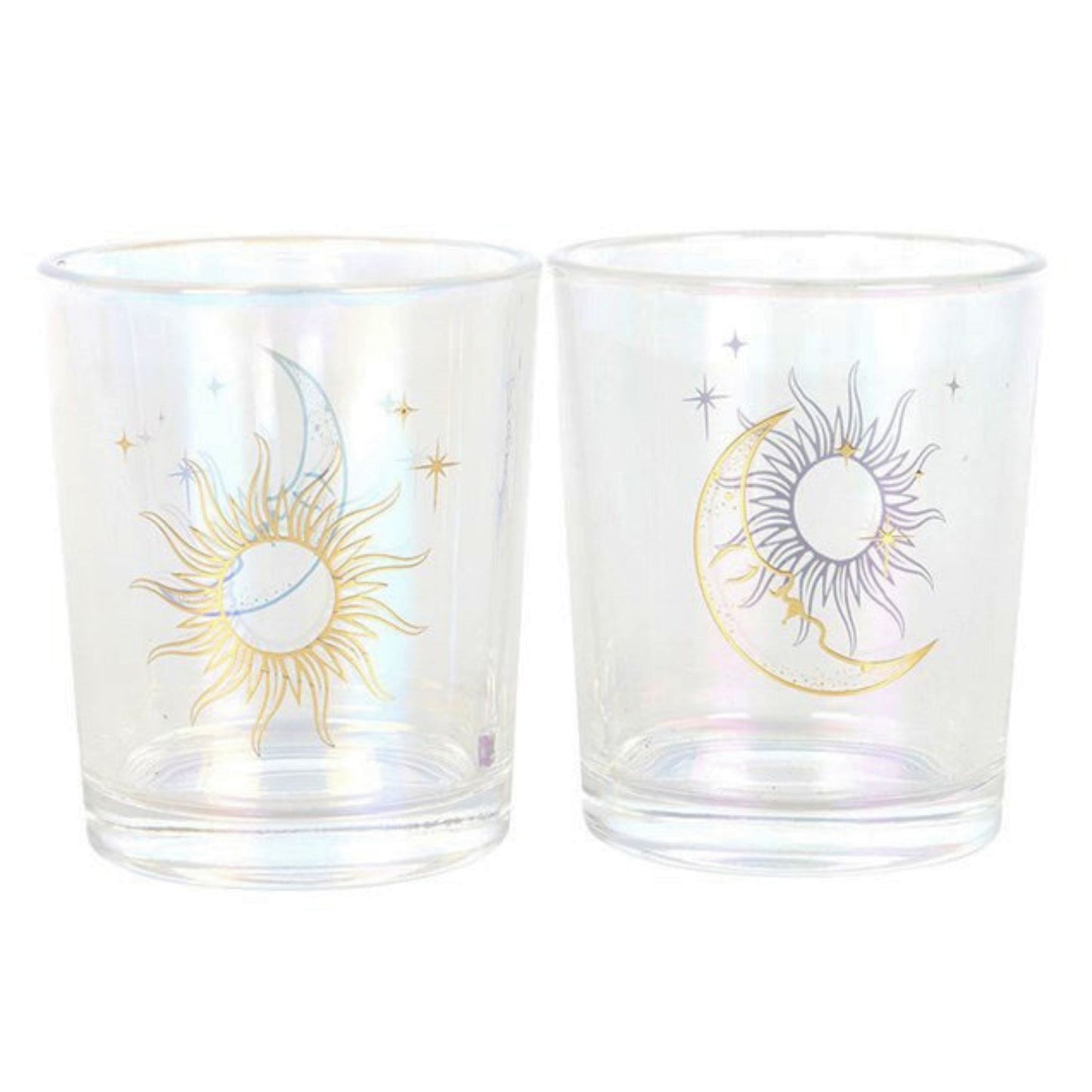 Set of two iridescent glass sun and moon votive candle holders lit with natural yellow beeswax candles on a dark, mystical background.