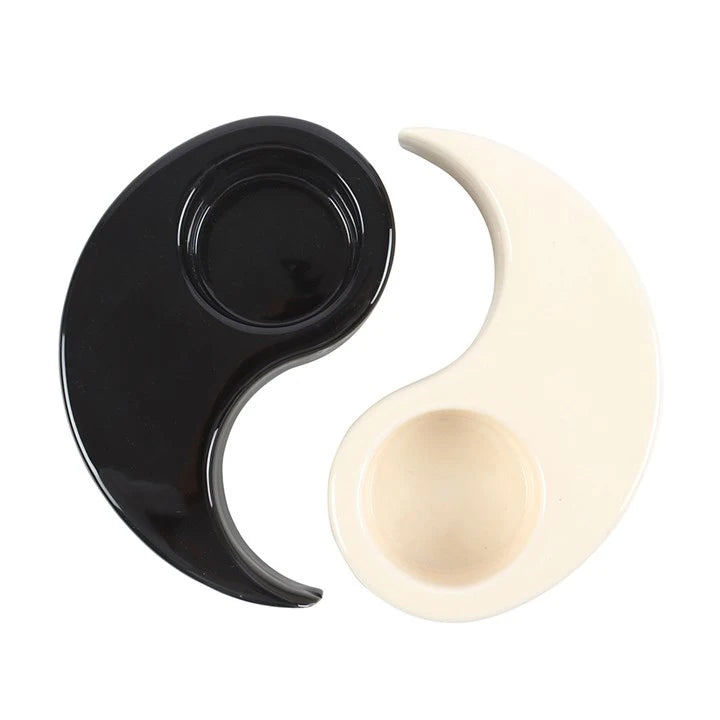 Bee Zero Waste Yin Yang ceramic tealight holder gift set including two hand-poured pure British beeswax tealights for meditation and eco-friendly home decor.