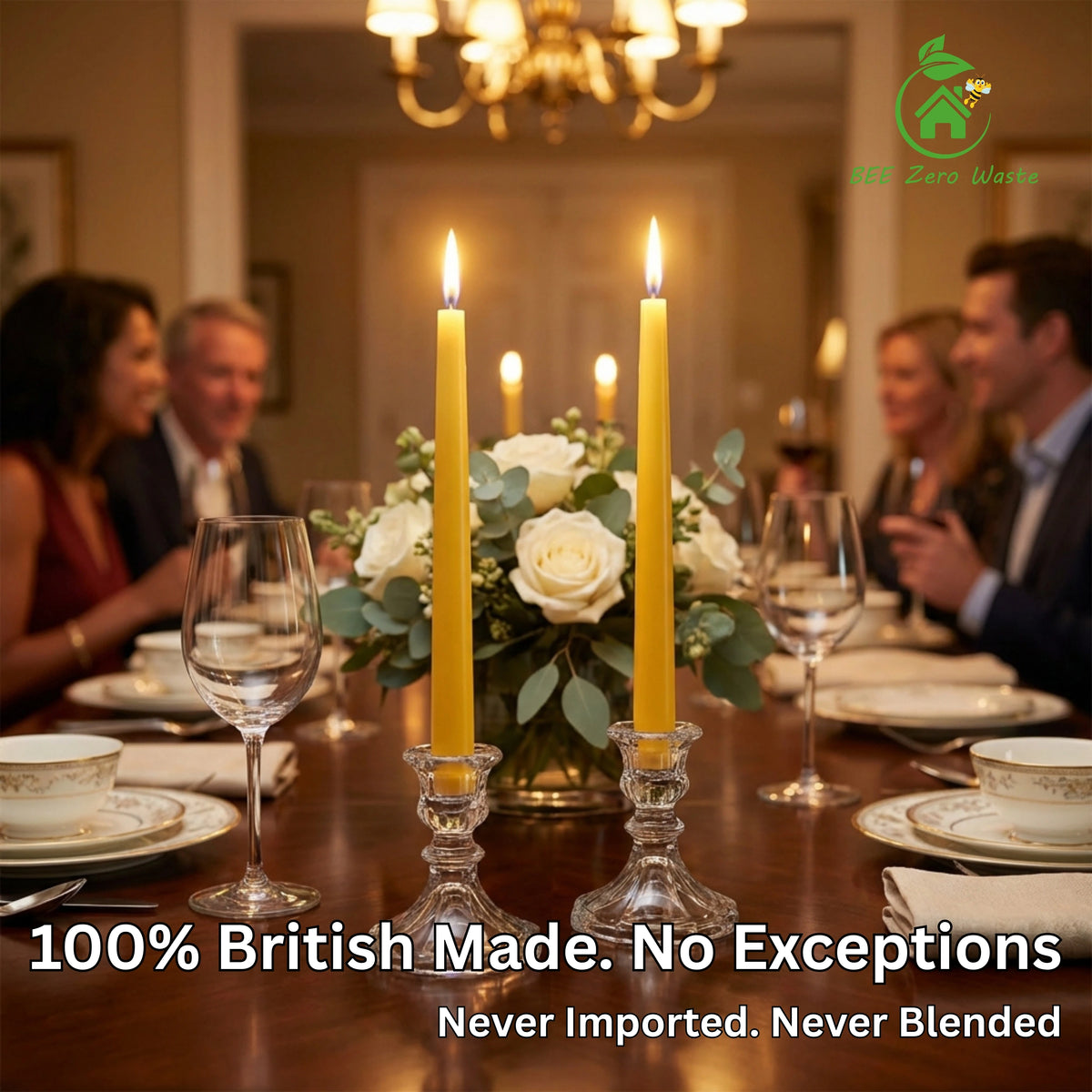 Tall, elegant handmade pure beeswax taper candles providing a clean, non-toxic burn.