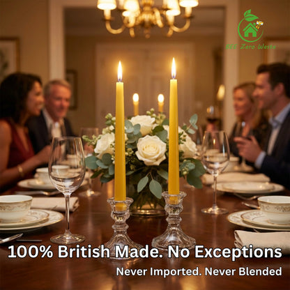 Tall, elegant handmade pure beeswax taper candles providing a clean, non-toxic burn.