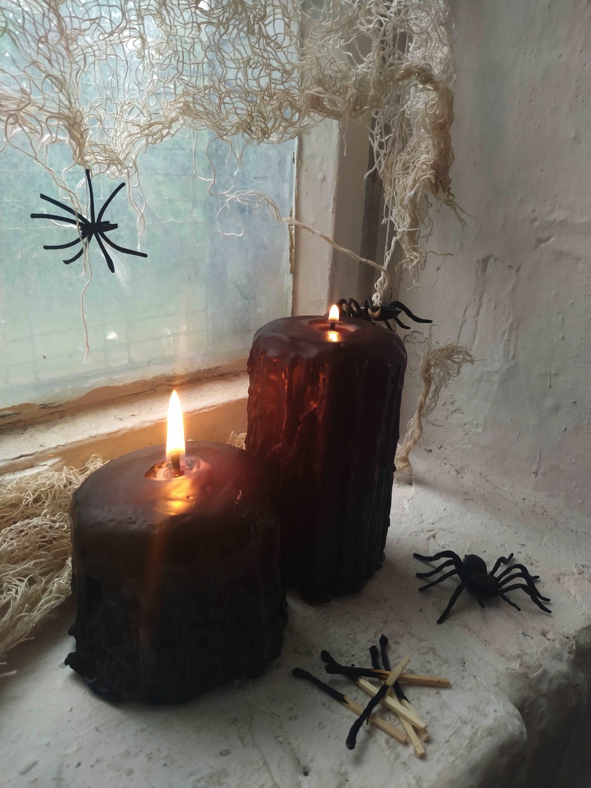 Black Beeswax Hand Dripped Pillar Candles, 100% pure beeswax candle, unique, unusual candles, spell, halloween, hand dripped, black decor , long time burning, smog free, spiders, 