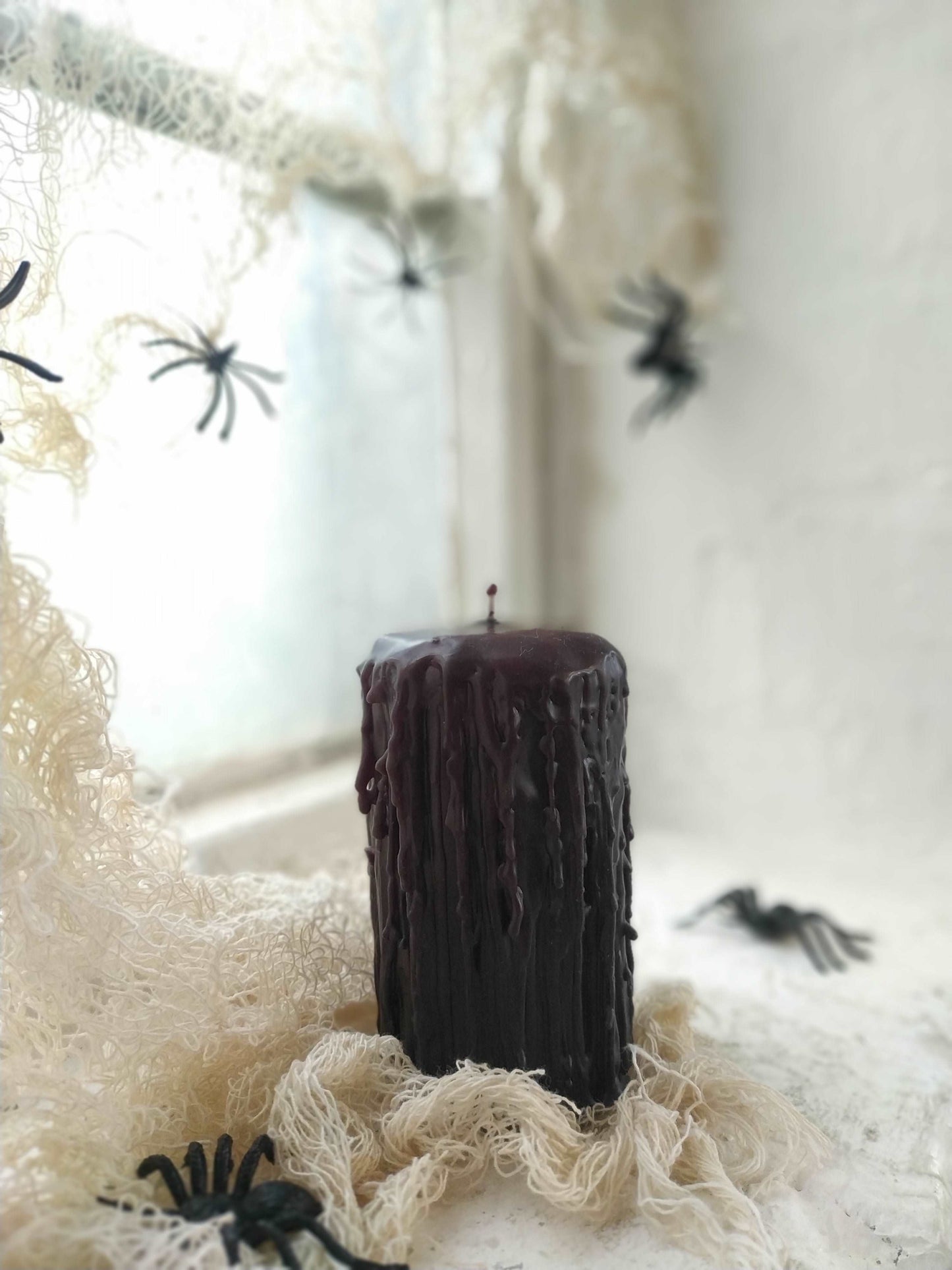 halloween candles, spiders, Black Beeswax Hand Dripped Pillar Candles, 100% pure beeswax candle, unique, unusual candles, spell, halloween, hand dripped, black decor