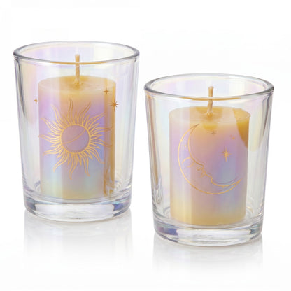 The pink gift box packaging for the set of 2 Ethereal Realm moon and sun iridescent votive candle holders.