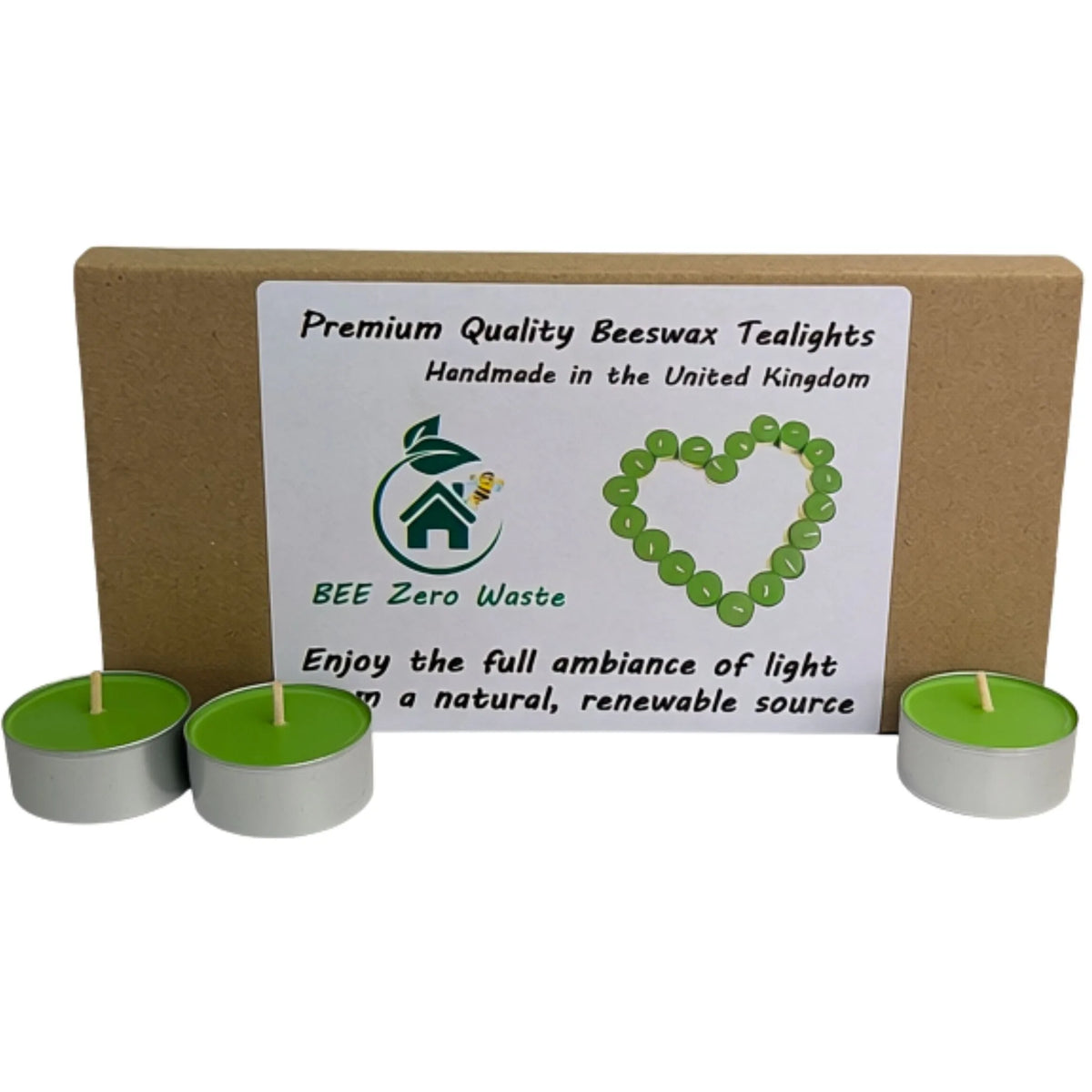 Three green tea light candles arranged in front of a brown cardboard box with a white product label that reads 'Premium Quality Beeswax Tealights' and shows the brand 'BEE Zero Waste'.