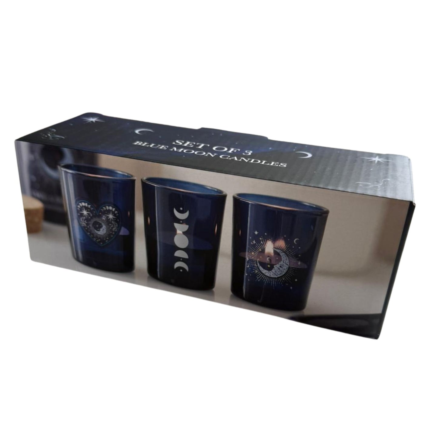 Set of 3 midnight blue glass candle holders featuring celestial moon phase designs, complete with natural beeswax votives on a clean white background.