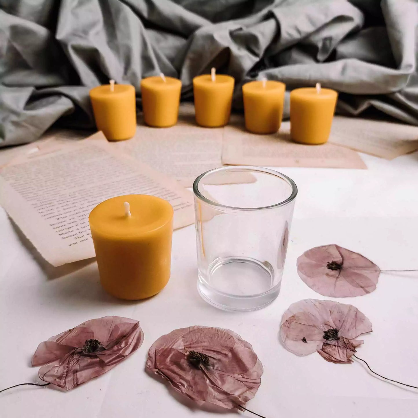 Set of smokeless beeswax votives showcasing natural, eco-friendly candle options with a gentle honey aroma