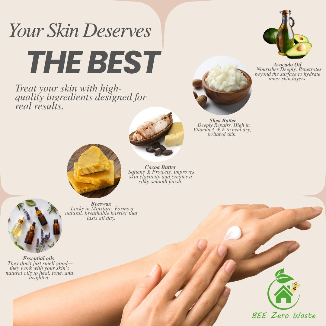 Rich waterless body balm with organic shea butter, cocoa butter, and avocado oil for intensive hydration.