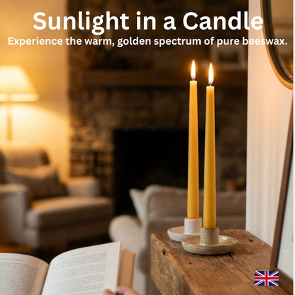 100% natural golden beeswax taper candles handcrafted in the UK for formal dining and events.
