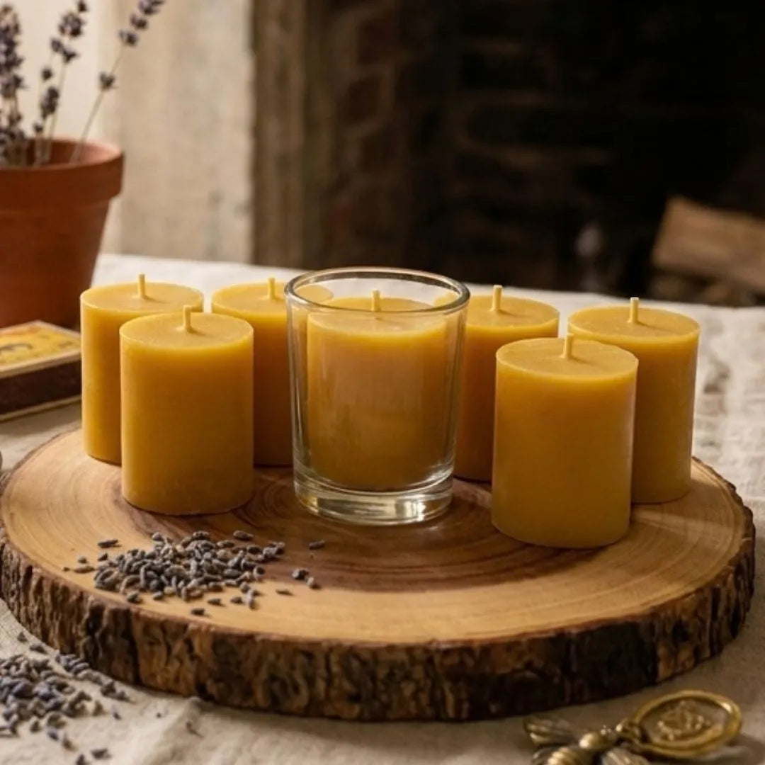 Collection of pure British beeswax votives displaying their natural yellow-gold color and smooth artisan finish.