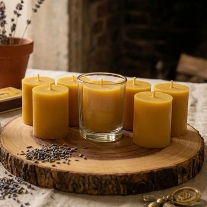 Collection of pure British beeswax votives displaying their natural yellow-gold color and smooth artisan finish.